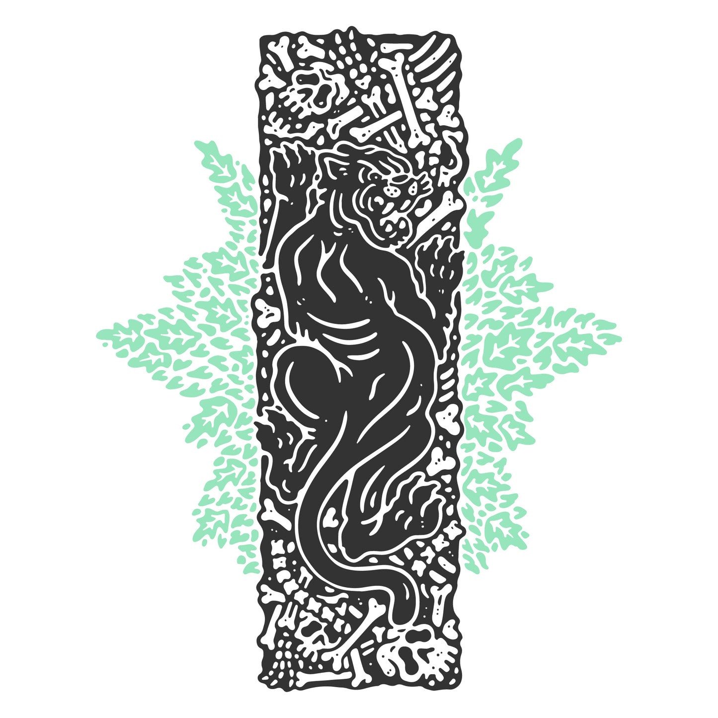 White graphic t-shirt made in Canada from a soft 100% ring-spun cotton, featuring a bold hand-drawn design of a panther on a pit of bones, screen printed in black and light green ink. Perfect for those who appreciate lowbrow, tattoo-style artwork.