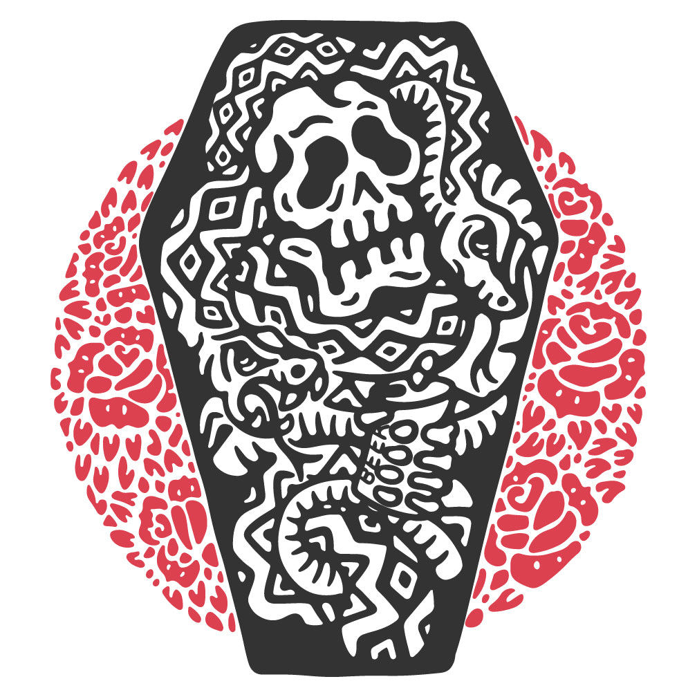 White graphic t-shirt made in Canada from a soft 100% ring-spun cotton, featuring a bold hand-drawn design of a skull in a coffin surrounded by snakes and flowers, screen printed in black and red ink. Perfect for those who appreciate lowbrow, tattoo-style artwork.