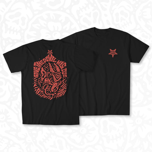 Black graphic t-shirt made in Canada from a soft 100% ring-spun cotton, featuring a bold hand-drawn design of a nasty, horned devil head, screen printed in red-orange ink. Perfect for those who appreciate lowbrow, tattoo-style artwork.