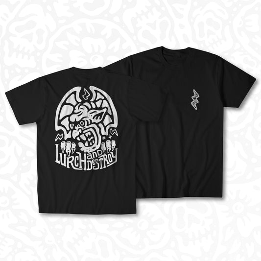 Black graphic t-shirt made in Canada from a soft 100% ring-spun cotton, featuring a bold hand-drawn design of an angry gargoyle growling over the words “lurch and destroy,” screen printed in white ink. Perfect for those who appreciate lowbrow, horror-inspired artwork.