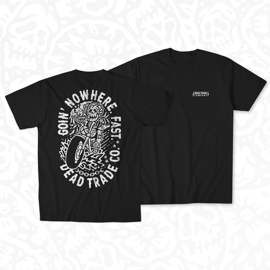 Black graphic t-shirt made in Canada from a soft 50/50 poly-cotton blend, featuring a bold hand-drawn design of a biker skeleton riding a motorcycle, screen printed in white ink. Perfect for those who appreciate lowbrow, edgy artwork.