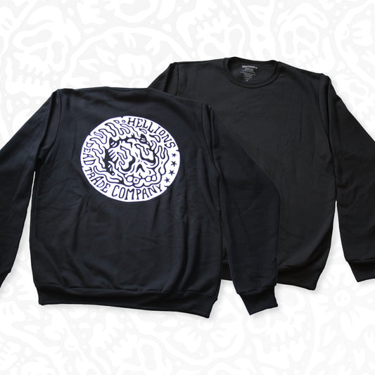 Black colour, high-quality, made-in-Canada crewneck sweater featuring a hand-drawn flaming devil skull badge printed in white on the back. Crafted with 50/50 ring-spun poly/cotton fleece, soft feel, reduced pilling, and durability. Unisex size, 14oz, perfect for cold Canadian winters.