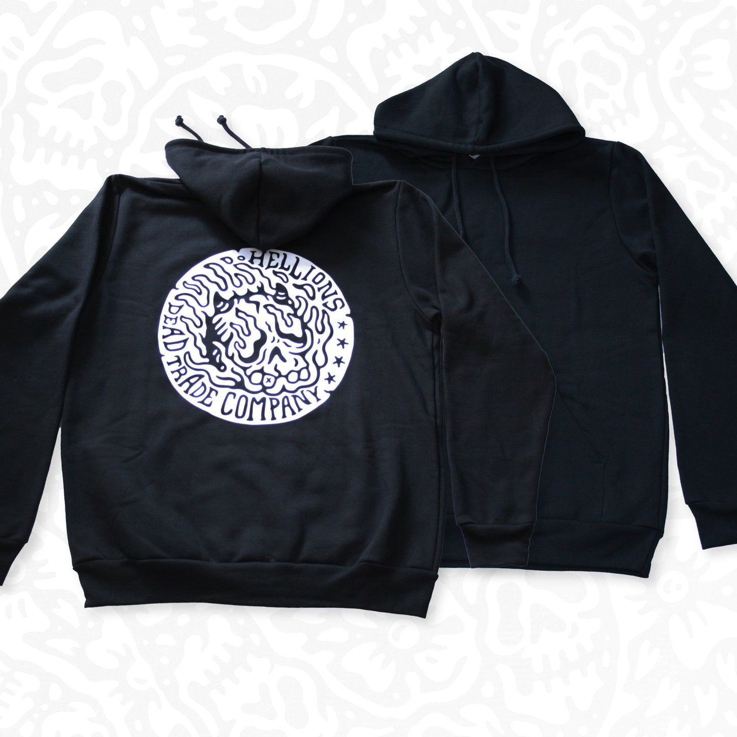 Black colour, high-quality, made-in-Canada hoodie featuring a hand-drawn flaming skull badge screen printed in white on the back. Crafted with 50/50 ring-spun poly/cotton fleece, soft feel, reduced pilling, and durability. Unisex size, 14oz, perfect for cold Canadian winters.