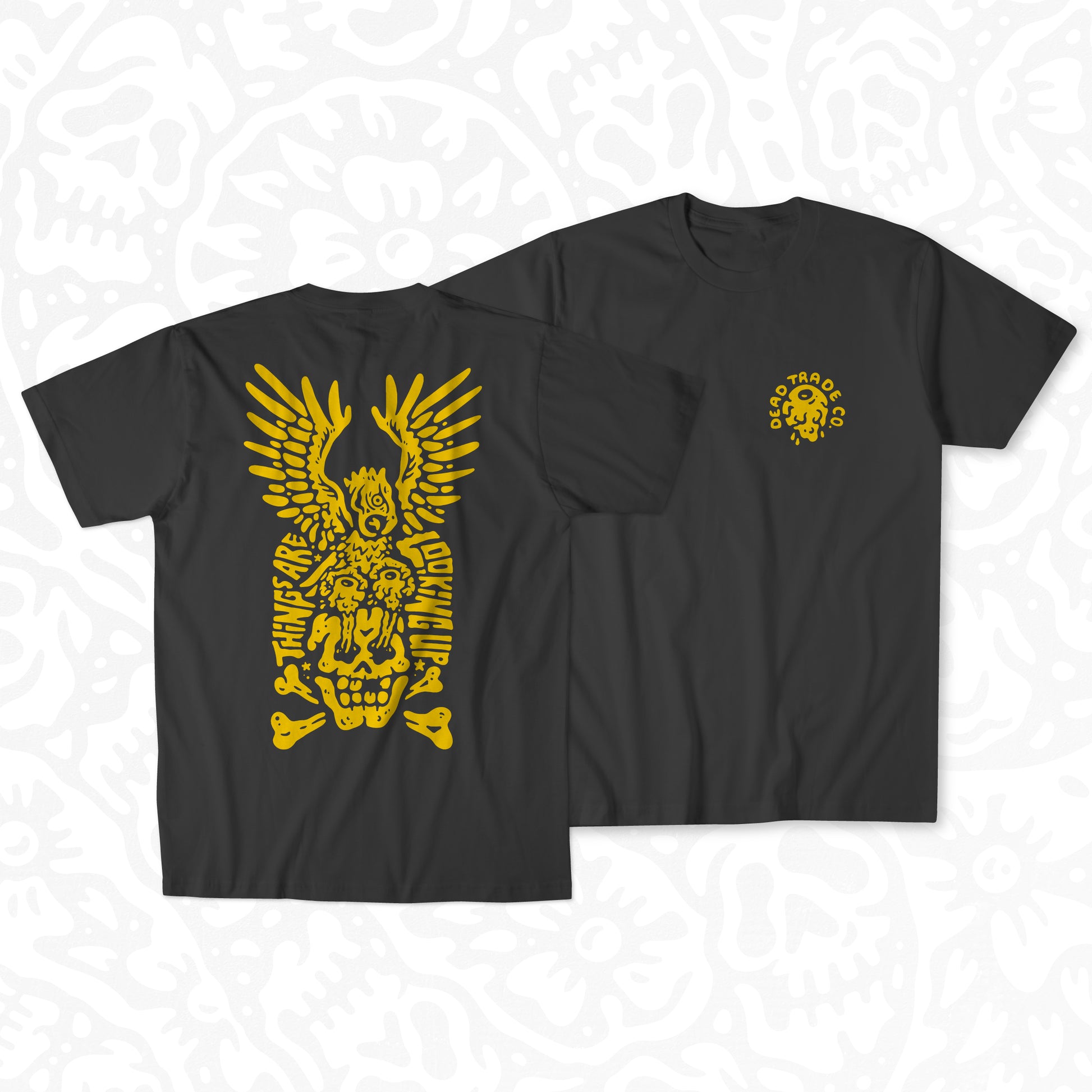 Charcoal graphic t-shirt made in Canada from a soft 50/50 poly-cotton blend, featuring a bold hand-drawn design of an eagle pulling eyeballs from a skull, screen printed in vibrant yellow ink. Perfect for those who appreciate lowbrow, edgy artwork.