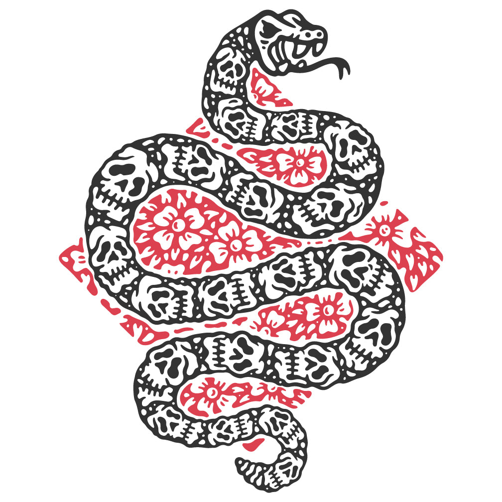 Sage graphic t-shirt made in Canada from a soft 50/50 poly-cotton blend, featuring a bold hand-drawn design of a snake with skull-patterned skin, surrounded by flowers, screen printed in black and white ink. Perfect for those who appreciate lowbrow, tattoo-style artwork.