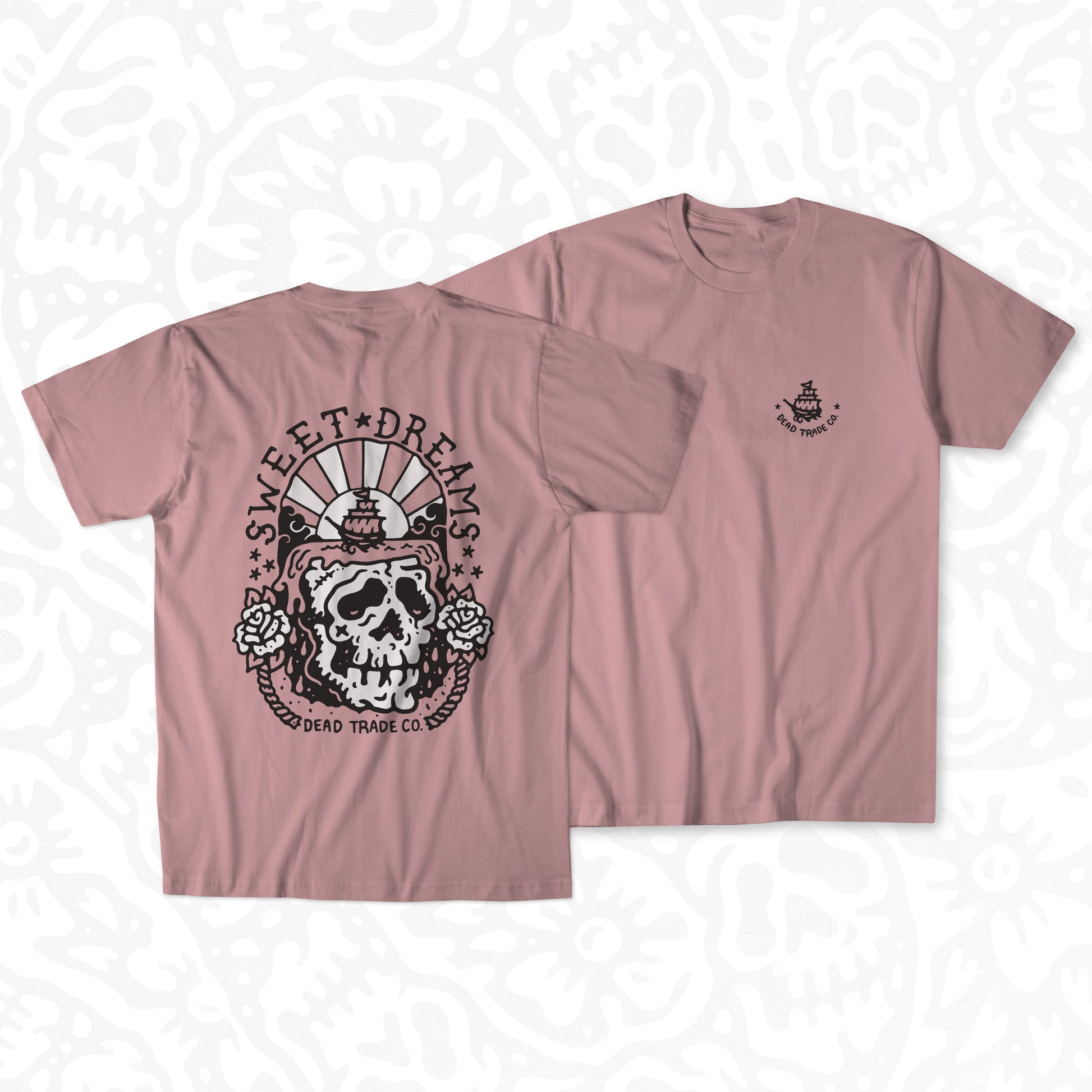 Dusty rose graphic t-shirt made in Canada from a soft 50/50 poly-cotton blend, featuring a bold hand-drawn design of a skull dreaming of sailing the seas, screen printed in black and white ink. Perfect for those who appreciate lowbrow, edgy artwork.