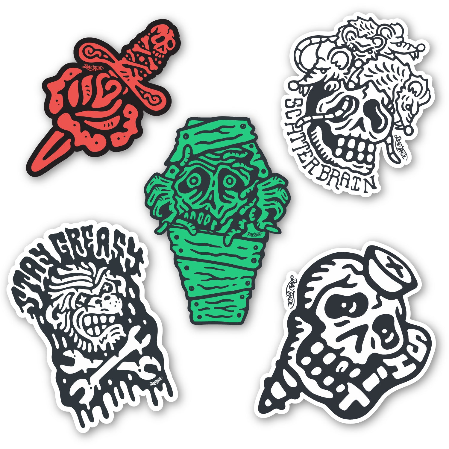 5-piece vinyl sticker pack with hand-drawn designs: rose & dagger, screw head, scatterbrain, grease monkey, and zombie in a coffin. Durable, matte finish, weather-resistant, waterproof, and dishwasher-safe. Each 4x3” sticker sticks strong to most surfaces. Made in Canada.