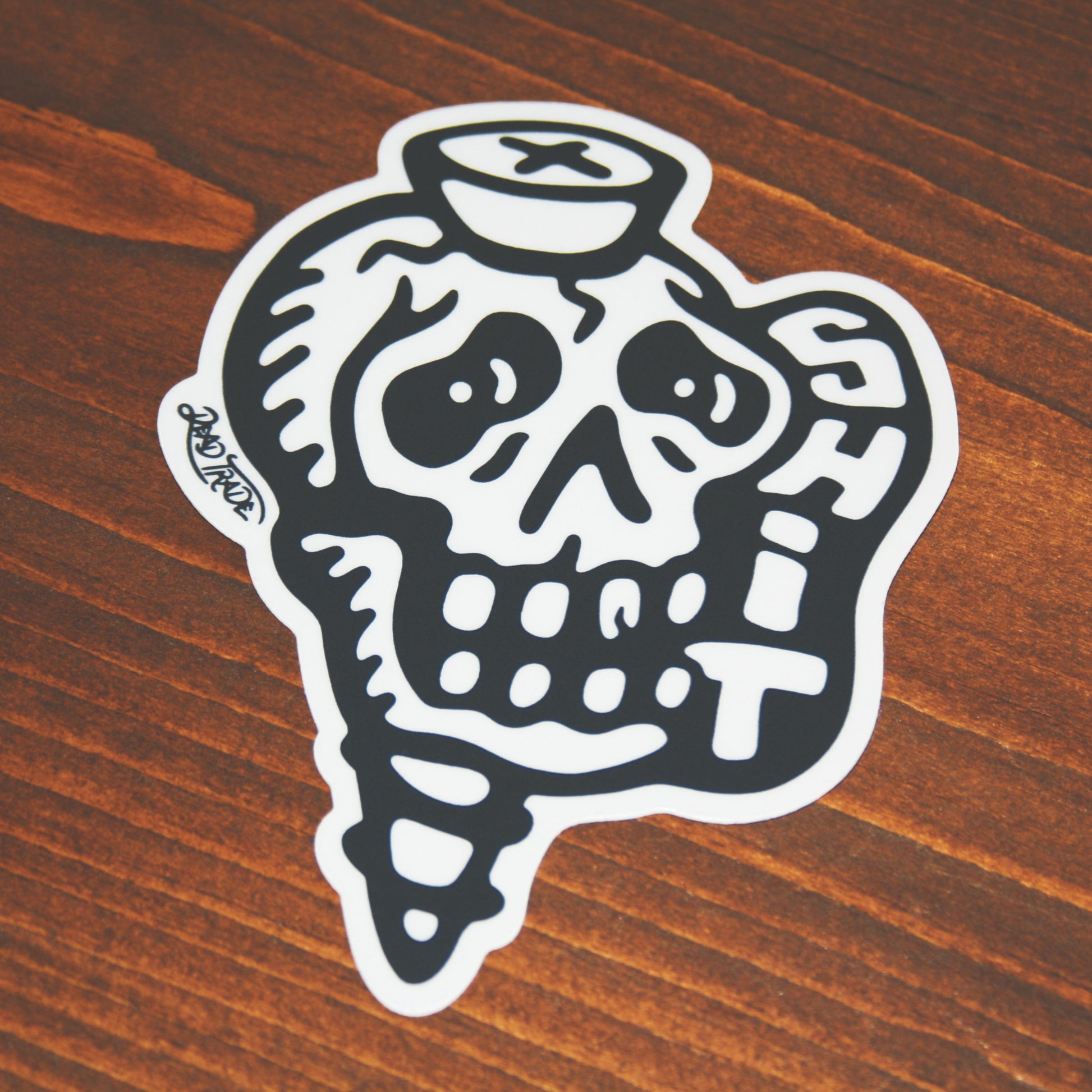 5-piece vinyl sticker pack with hand-drawn designs: rose & dagger, screw head, scatterbrain, grease monkey, and zombie in a coffin. Durable, matte finish, weather-resistant, waterproof, and dishwasher-safe. Each 4x3” sticker sticks strong to most surfaces. Made in Canada.